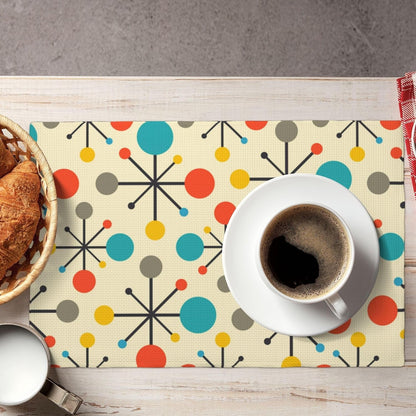 Mid Century Fifties Modern Atomic Retro Placemats Set of 6 Yellow Kitchen Table Mats for Dining Farmhouse Holiday Home Decor Linen Washable Place Mats, 12X18Inch5