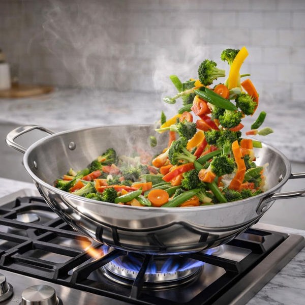 14-Inch Stainless Steel Wok with Glass Lid – Aluminum Core Tri-Ply Construction, Brushed Interior & Polished Exterior, Dual Handles Stir Fry Pan for Gas & Electric Stovetops4