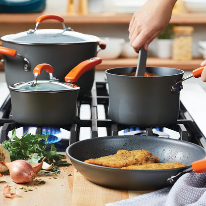 Brights Hard-Anodized Aluminum Nonstick Cookware Set with Glass Lids, 10-Piece Pot and Pan Set, Gray with Orange Handles17