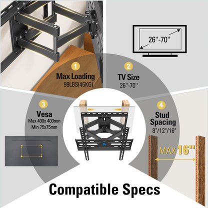 Full Motion TV Wall Mount for 32-70 Inch Tvs up to 99Lbs | Mount Bracket with Swivel and Tilt, TV Bracket with Articulating Dual Arms, Fits 16” Studs, Max VESA 400X400 Mm, MD23807