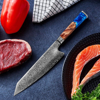 8-Inch Japanese Damascus Chef Knife, 67-Layer Steel, Ultra-Sharp High Carbon Blade with Resin Handle for Precision Chopping and Carving3