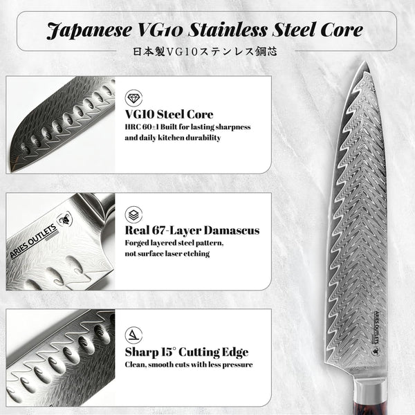 6 Piece Japanese Kitchen Knife Set, VG10 Core Damascus Knives | Professional Chef Knife Set, Ultra Sharp 67-Layer Forged Steel, 15° Edge, Ergonomic Pakkawood Handles and Gift Box3