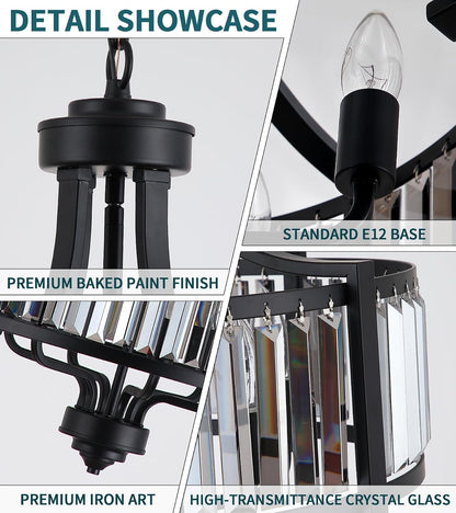 Modern Crystal Chandeliers, Entryway Black Crystal Chandelier for Dining Room, 6-Light Farmhouse Pendant Hanging Light Fixture for Living Room Foyer Kitchen Island,Conical,20In9