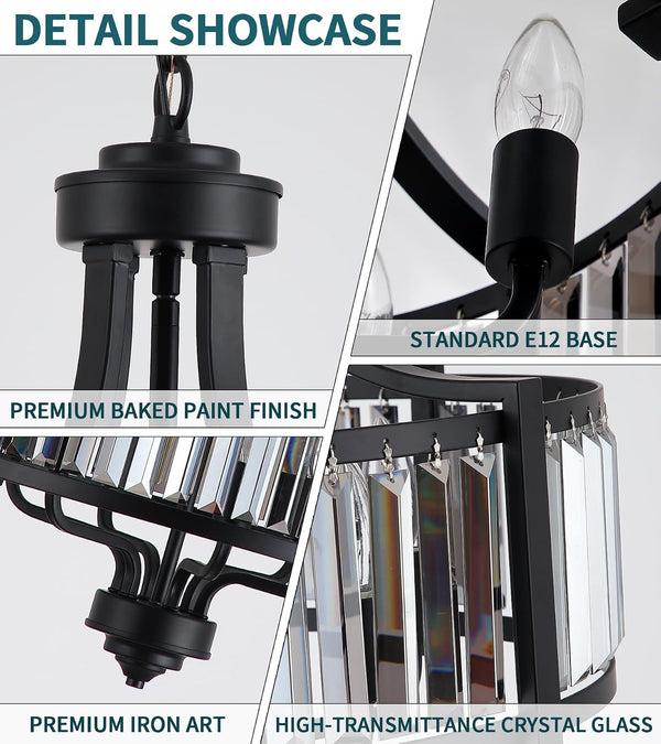 Modern Crystal Chandeliers, Entryway Black Crystal Chandelier for Dining Room, 6-Light Farmhouse Pendant Hanging Light Fixture for Living Room Foyer Kitchen Island,Conical,20In9
