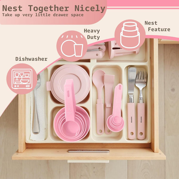 10Pcs Measuring Cups and Spoons Set, Bpa-Free Plastic Kitchen Baking Tools with Engraved Markings, Stackable Design for Dry & Liquid Ingredients (Pink)3