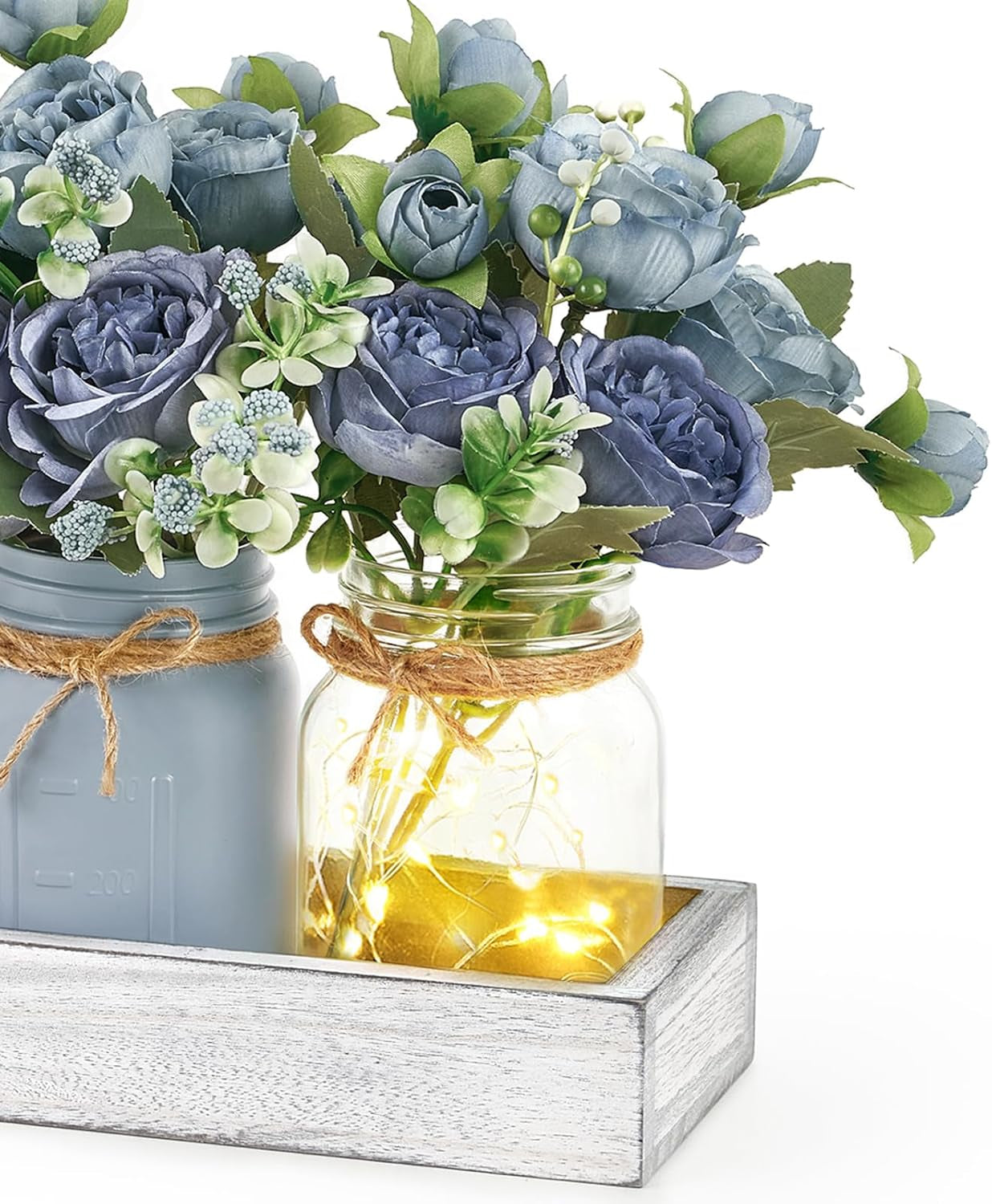 mason-jar-lights-centerpieces-for-tables-dining-room-farmhouse-decor-warm-glow-blue-artificial-flowers-wood-tray-coffee-table-decor-kitchen-living-room-wedding-indoor-outdoor-decoration