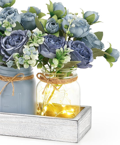 Mason Jar Lights Centerpieces for Tables Dining Room Farmhouse Decor | Warm Glow, Blue Artificial Flowers, Wood Tray, Coffee Table Decor, Kitchen Living Room Wedding Indoor Outdoor Decoration6