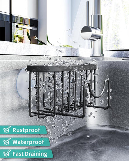 Multifunctional Sponge Holder with Unique M-Shaped, 2 Installation Methods Kitchen Sink Caddy Organizer, Rustproof Stainless Steel Kitchen Organizers and Storage Essentials - Black5