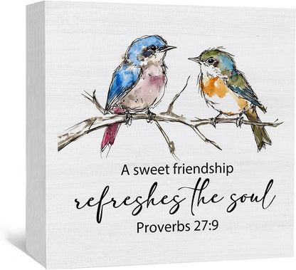 Christian Friendship Gifts for Women, a Sweet Friendship Refreshes the Soul Bird Wooden Box Signs, Best Friend Bestie BFF Gifts, Bible Verse Wood Sign Home Decor for Desk Table Shelf 5X5 Inch1