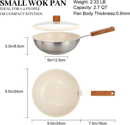 Ceramic Wok with Lid, 9.5 Inch Stainless Steel Nonstick Stir Fry Pan with Wooden Handle, Compatible with All Stovetops, PFAS Free2