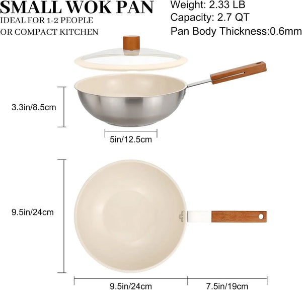 Ceramic Wok with Lid, 9.5 Inch Stainless Steel Nonstick Stir Fry Pan with Wooden Handle, Compatible with All Stovetops, PFAS Free2