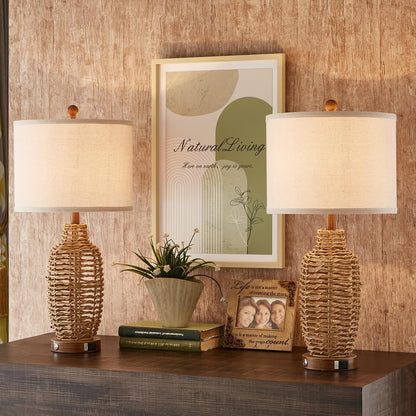 Rattan Table Lamps Set of 2 Wicker Lamps 3 Way Dimmable Touch Control Farmhouse Rustic Coastal Lamps with USB Port for Bedroom Living Room Office (LED Bulbs Included)1