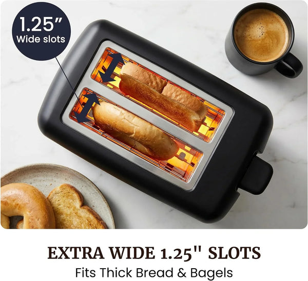 2-Slice Cool-Touch Toaster, Extra-Wide 1.25" Slots, Black | 6 Browning Levels, Fits Bagels & Thick Bread, Cancel Function, Compact & ETL Certified5