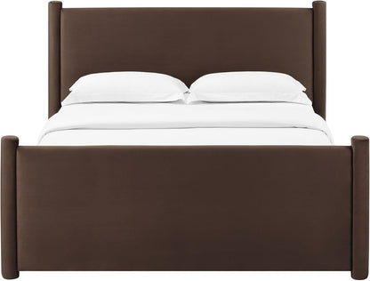 Rael Queen Platform Bed Frame with Upholstered Headboard and Footboard in Chocolate Brown – Stain-Resistant Performance Velvet Queen Size Bed with Rounded Posts8
