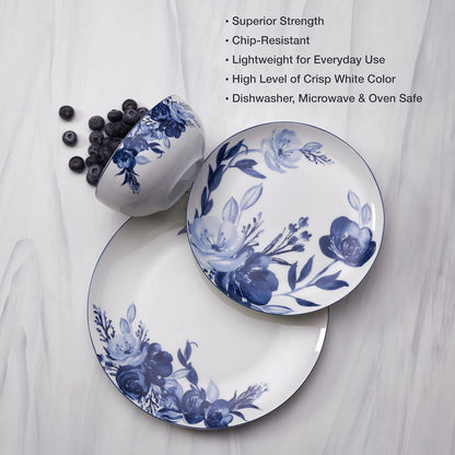 Darcy Bone China Lightweight Chip Resistant 12 Piece Dinnerware Set, Service for 4,Blue and White5