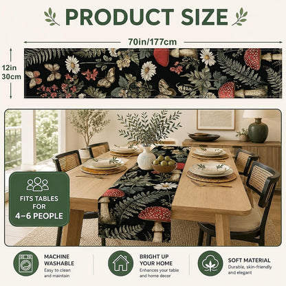 Red Mushroom Table Runner,13 X 70 Inch Butterfly Plant Herb Linen Kitchen Dining Table Runner for Coffee Table Dresser Wedding Home Party Decor2