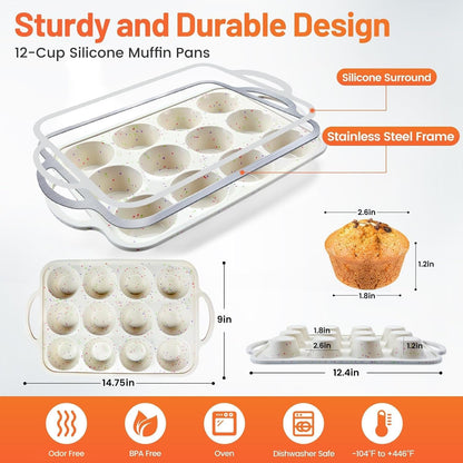 2Pack Silicone Muffin Pan for Baking with Metal Reinforced Frame, 12 Cup Regular Size Cupcake Pan, BPA Free Silicone Muffin Tray, Cupcake Baking Pan Bite Molds for Oven Dishwasher Safe2