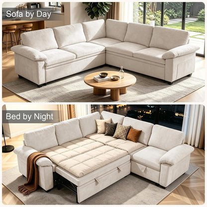 85 Inch Modular Sectional Sleeper Sofa with Pull Out Bed,L Shaped 5 Seat Sectional Couch with Storage, Modern Chenille Cloud Couch, Convertible Sectional Couches for Living Room, Apartment, Beige4