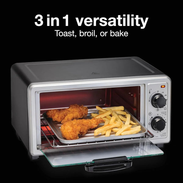 4 Slice Countertop Toaster Oven | Bake, Broil, Toast | 200-450⁰F Adjustable Temp | 30 Minute Timer | Automatic Shutoff | Black and Silver | 31260G3