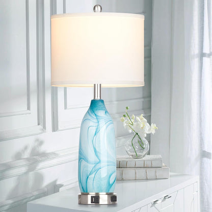 26" Coastal Table Lamps Set of 2, Modern Table Lamps with USB A+C Ports & AC Outlet, Touch Control Glass Bedside Nightstand Lamp with Night Light for Living Room Bedroom End Table Blue(Bulbs Included)2