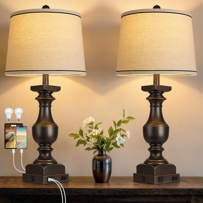 28'' Black Gold Resin Table Lamp Set of 2,Nightstand Lamp with USB Port | Rocker Switch, 2 Bulbs Included, 6W, 2700K Warm Light, Farmhouse Bedside Lamp for Nightstand, Desk, Livingroom, Bedroom Decor1