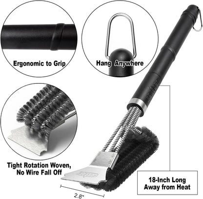 Grill Brush and Scraper BBQ Brush for Grill, Safe 18" Stainless Steel Woven Wire 3 in 1 Bristles Grill Cleaning Brush, BR-45165