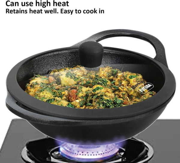Futura 2 Litre Cast Iron Kadhai, Naturally Nonstick Cast Iron Kadai with Glass Lid, Cast Iron Cookware for Kitchen, Black (CIK20G)3
