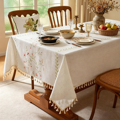 Pink Florals Embroidery Rectangle Tablecloth with Tassel 55"×75"2