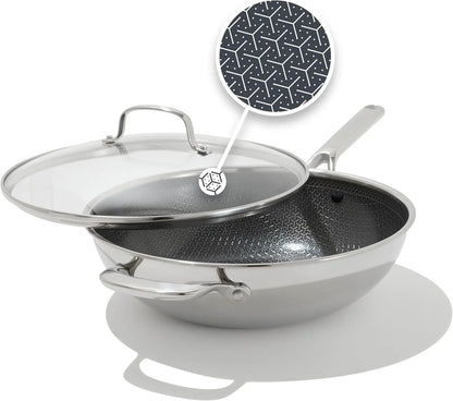 OXO Hybrid 12” Nonstick Wok with Glass Lid, Pfas-Free Ceramic Stir-Fry Pan, Induction & All Cooktop Compatible, Dishwasher Safe, Fusion Boost Tech for Powerful Searing, Mirror Polished Tri-Ply1