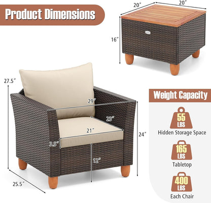 3 Piece Patio Furniture Set, Patiojoy Outdoor PE Wicker Bistro Set with Soft Cushions and Solid Acacia Wood, Outdoor Conversation Set with Porch, Balcony and Garden9