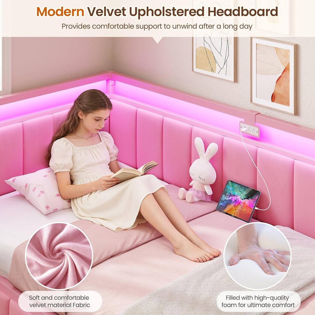 twin-corner-bed-frame-with-2-storage-drawers-and-charging-station-velvet-girls-platform-bed-frame-twin-size-with-led-lights-and-upholstered-guardrail-twin-size-daybed-for-kids-and-teen-pink