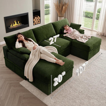 107" Boneless Couch with Storage, 48.6" Extra Deep-High Seat Modular Sectional Sofa with Ottoman, 3 Seater U Shaped Corduroy Cloud Couch, Tool-Free Assembly Sectional Couches for Living Room, Green5