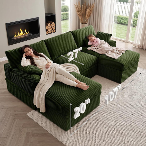 107" Boneless Couch with Storage, 48.6" Extra Deep-High Seat Modular Sectional Sofa with Ottoman, 3 Seater U Shaped Corduroy Cloud Couch, Tool-Free Assembly Sectional Couches for Living Room, Green5
