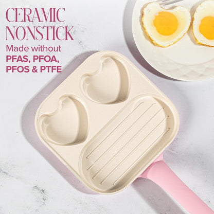 Ceramic Nonstick Divided Skillet with Heart-Shaped Sections and Grill Plate, Cast Aluminum, Dishwasher Safe, 8-Inch, Pink5