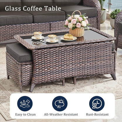 Luxury High Back Outdoor Furniture with 6-Inch Thick Cushions, Patio Furniture Set with Swivel Chairs, 6 PCS Wicker Conversation Set for Porch, Balcony, Deck and Yard8