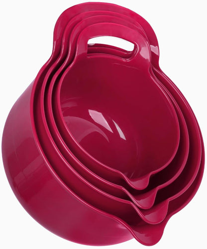 4 Pack Nesting Mixing Bowl Set with Pour Spout and Handle, Non-Slip Bottom, BPA Free Microwave & Dishwasher Safe(Deep Carmine)1