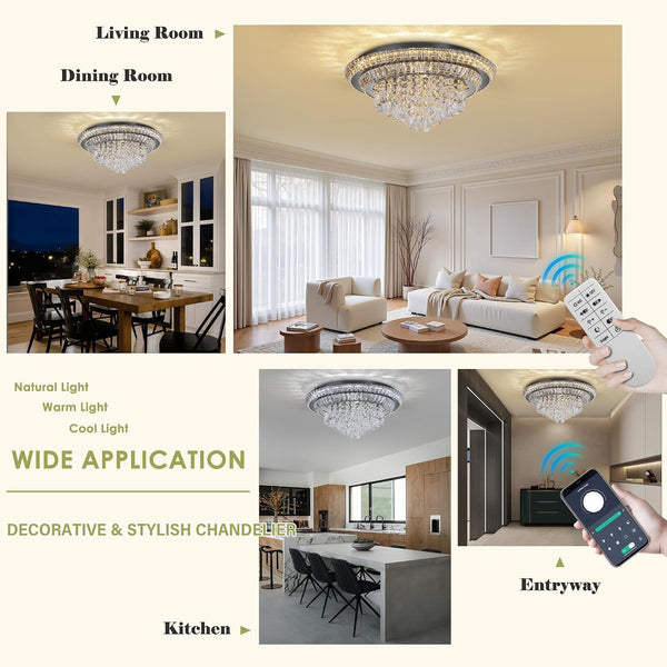 24" Flush Mount Crystal Chandeliers with Remote and App,Black Ceiling Light2