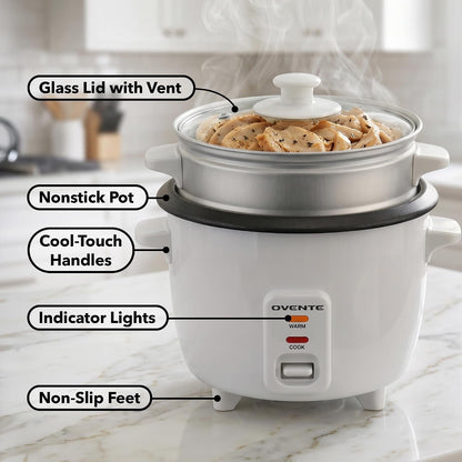 5-Cup Electric Rice Cooker and Food Steamer, White RCS01W | 400W, Nonstick Removable Pot, Keep Warm Function, Steaming Basket, Measuring Cup and Spatula Included3