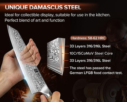 Damascus 8.3 Inch Kiritsuke Chef Knife,Hand Forged High Carbon Steel Sharp Kitchen Cutting Knife,Comfortable Ergonomic Full Tang Figured Sycamore Wood Handle2