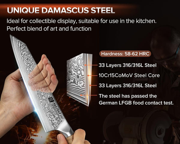 Damascus 8.3 Inch Kiritsuke Chef Knife,Hand Forged High Carbon Steel Sharp Kitchen Cutting Knife,Comfortable Ergonomic Full Tang Figured Sycamore Wood Handle2