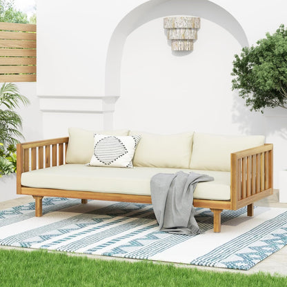 Claremont Patio Sofa and Coffee Table Set, 2 Piece Outdoor Patio Furniture Set with Cushion, Acacia Wood 3 Seater Outdoor Sofa Daybed and Coffee Table Set, Teak+Beige8