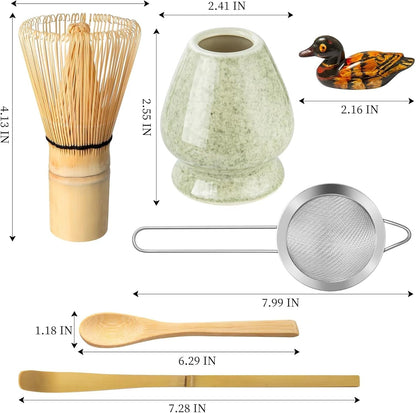 Matcha Whisk Set, Matcha Making Kit Whisk (Chasen Holder), Ceramic Whisk Holder (Mottled Green), Bamboo Scoop, Powder Starter Sifter, Spoon Japanese Tea Tools for Ceremony Gift2