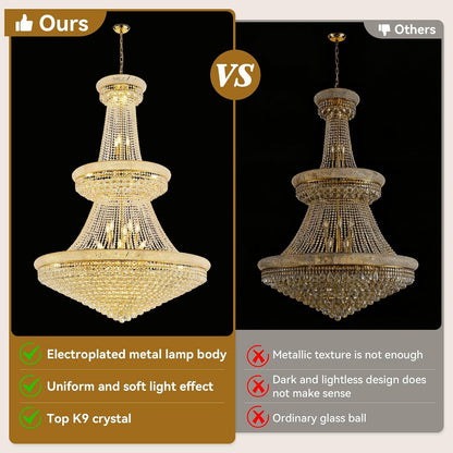 Grand Gold Crystal Chandelier - 48-Inch 3-Tier Empire Style with 42 LED Bulbs, 680 K9 Crystals, Adjustable Chain for Luxury Foyers & Staircases, Gold4