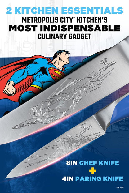 Chef Knife Set 2-Piece — DC Superman™ Licensed Edition — 8" Chef & 4" Paring — Official License — German Stainless — for DC Fans & Daily Cooking — POM Handle, Customer Support3