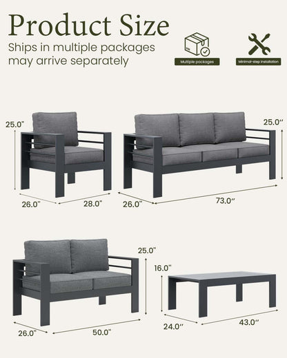 Outdoor Aluminum Furniture Set, 5 Pieces Patio Sectional Conversation Chat Sofa Modern Seating Set with Coffee Table8