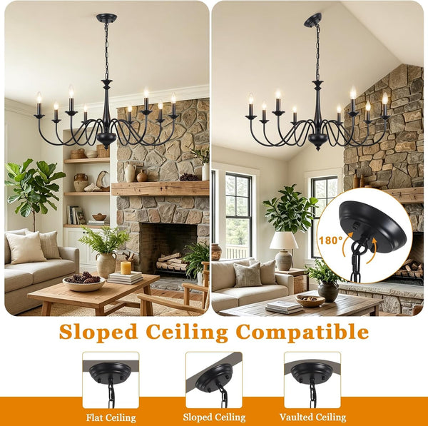 35" Farmhouse Chandelier, 8-Light Matte Black Classic Iron Candle Pendant Lighting, Adjustable Chain Ceiling Light Fixture for Sloped Ceiling, Dining Room, Kitchen Island & Foyer3
