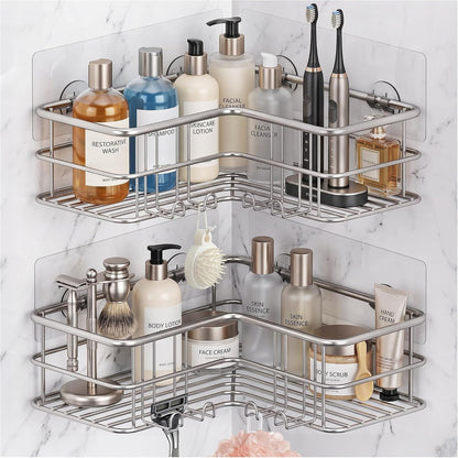 2 Pack Corner Shower Caddy, Adhesive Bathroom Shelf with 8 Hooks, Rustproof Stainless Steel Bathroom Organizer, No Drilling Shower Shelves Basket Wall Storage Rack Shampoo Holder (Silver)2