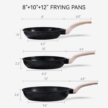 Non Stick Frying Pan, Black 8"+10"+12" Granite Skillet Set | Healthy Non Toxic Cookware Set with Heat-Resistant Handle, Induction Compatible, Easy to Clean, Pfoa-Free2