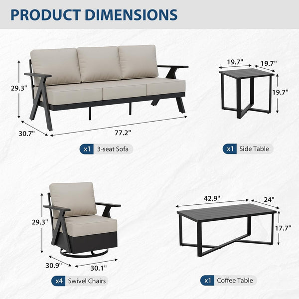 Iron Luxe 7 Piece Outdoor Patio Furniture Set, Modern Patio Conversation Set with 4 Swivel Rocking Chairs, a 3 Seat Couch, Coffee Table & Side Table for Deck, Garden, Porch, Black/Beige3