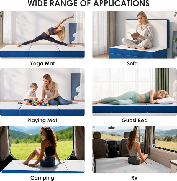 6 Inch Tri-Fold Mattress Queen Size, Portable Memory Foam Guest Bed with Certipur-Us Certified Cooling Gel & Washable Cover, Folding Mattress for Camping, Dorm, RV & Living Room3